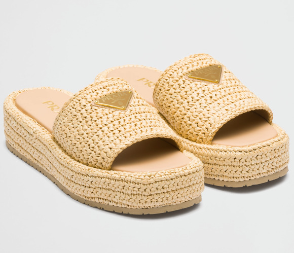 Prada Shoes - Prada Crochet Raffia Platform Slide Natural Beige Logo Mule Wedge Sandal 40